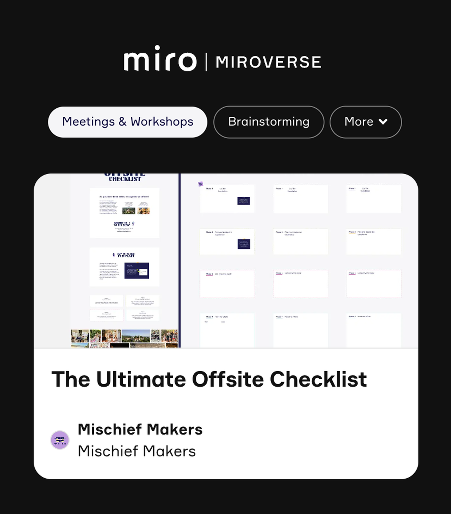 MIROVERSE TEMPLATE- The ultimate offsite checklist by the campfire company + mischief makers, event planning made seamless, impactful and shareable